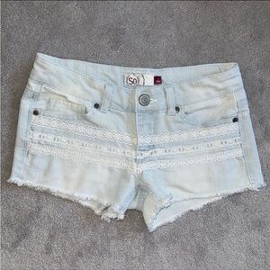 SO light wash denim mini shorts with lace detail
